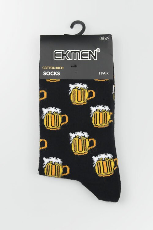 Beer Mug Pattern Black Cotton Socks