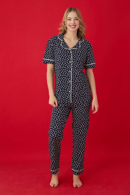 Black Butterfly Pattern Short Sleeve Buttoned Cotton Pajama Set