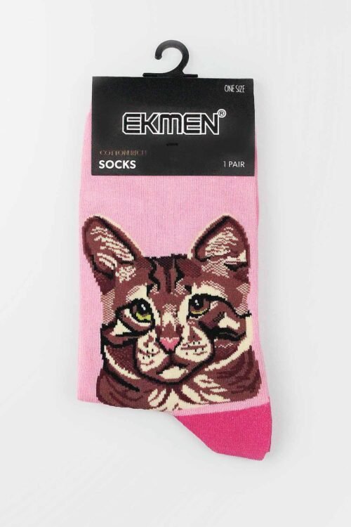 Cat Pattern Pink Cotton Socks