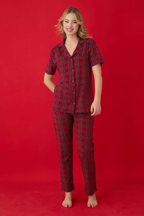 Red Checkered Pattern Short Sleeve Buttoned Cotton Pajama Set