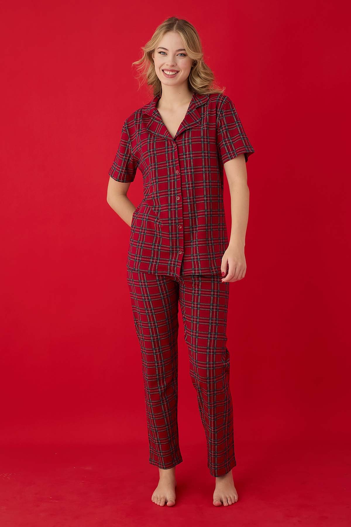 Red Checkered Pattern Short Sleeve Buttoned Cotton Pajama Set