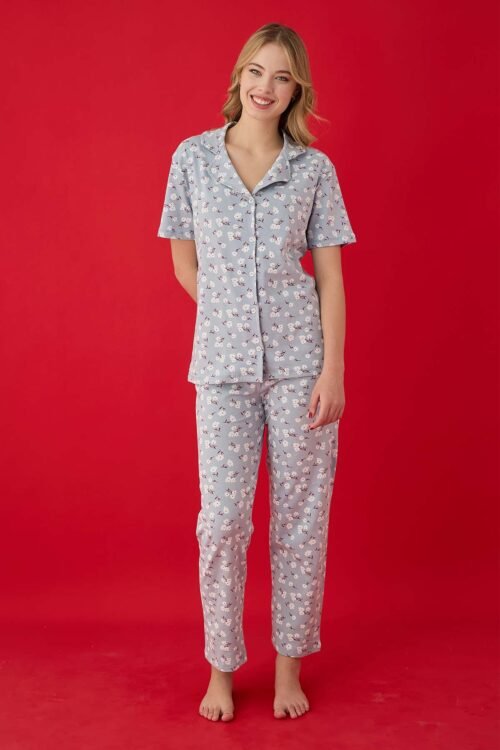 Spring Blossoms Pattern Short Sleeve Buttoned Cotton Pajama Set